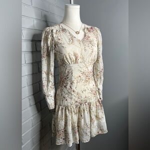 Floral Cream Floral Long-Sleeve V-Neck Dress Size Small
